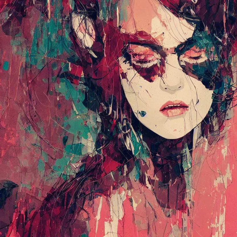 Image similar to close up portrait painting of a female dressed in nineties street styling, concept art, intricate details, highly detailed, aesthetically pleasing colors, art by conrad roset