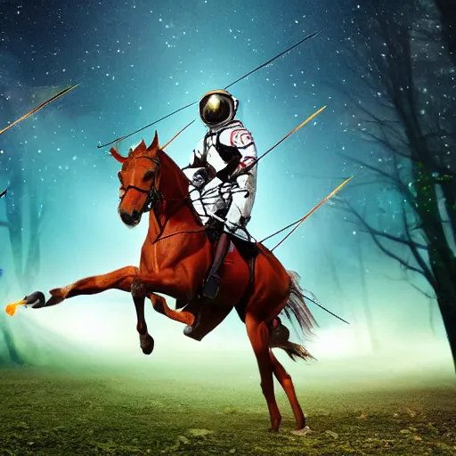 Image similar to arrows struck astronaut riding a horse in a fantasy forest, landscape, morning ambience, cinematic, digital art, front lit, epic, cinematic