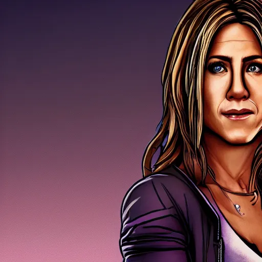 Image similar to jennifer aniston portrait, borderlands, tales from the borderlands, the wolf among us, comic, cinematic lighting, studio quality, 8 k