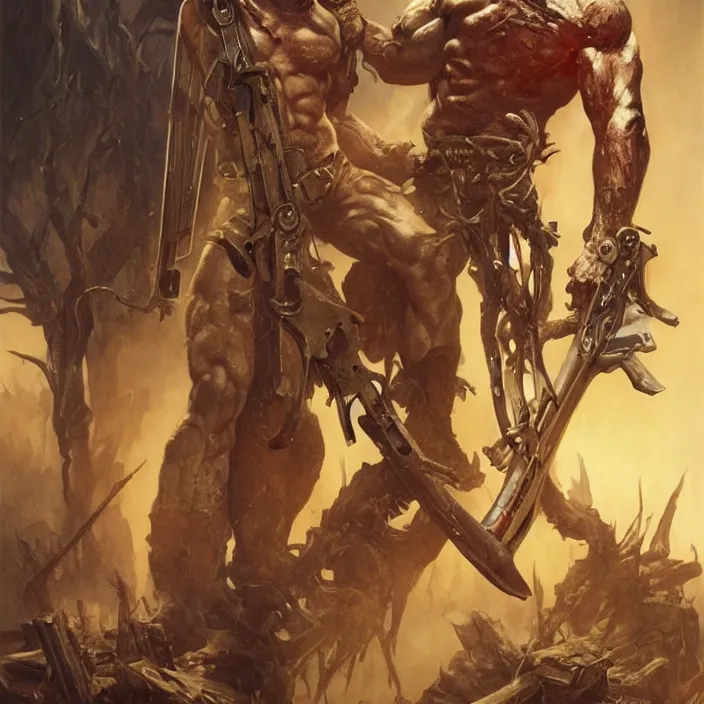 Image similar to The evil dead, manowar album cover, Muscular man, chainsaw attached to hand, short double barrel shotgun. dead demons, blood, artstation, concept art, smooth, sharp focus, highly detailed, illustration, art by artgerm and greg rutkowski and alphonse mucha