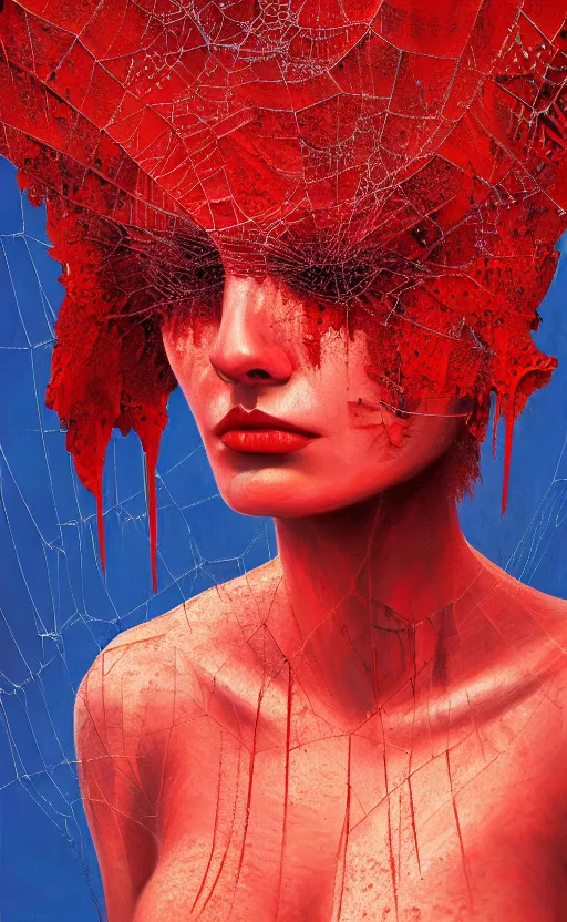 Prompt: a red oil painting hyperrealism of a beautiful woman, cobwebs, spider makeup, cobwev headdress, 8 k resolution, octane render, trending on artstation, by gediminas pranckevicius, volumetric light 2 blue fractal thunder glow by dan mumford, anaglyph effect, laurie lipton