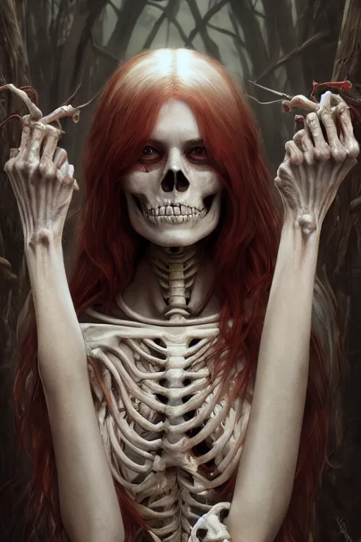 Prompt: pale woman with skeleton body covered with blood, long red hair, pretty face, ultra realistic, concept art, intricate details, highly detailed, photorealistic, octane render, 8 k, unreal engine. art by artgerm and greg rutkowski and alphonse mucha