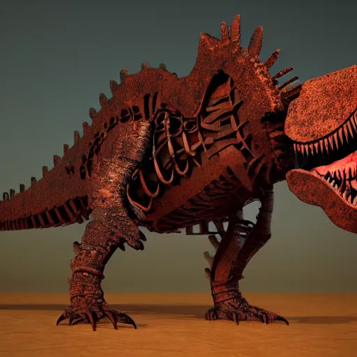 Image similar to a t-rex made out of rusty gears, octane render, 3D