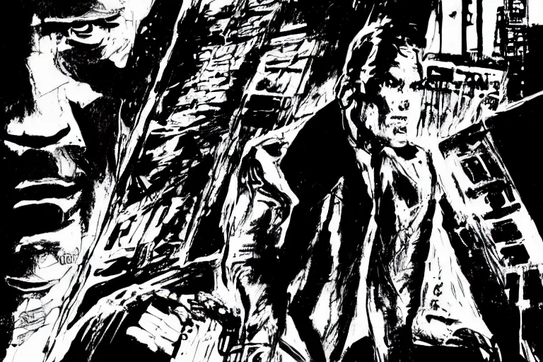 Prompt: jim carrey in the blade runner, a page from cyberpunk 2 0 2 0, style of paolo parente, style of mike jackson, adam smasher, johnny silverhand, 1 9 9 0 s comic book style, white background, ink drawing, black and white