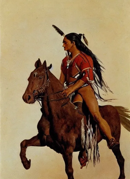 Prompt: powerful native american warrior!! beautiful native american sitting on horse, nineteenth century, painted by frazetta