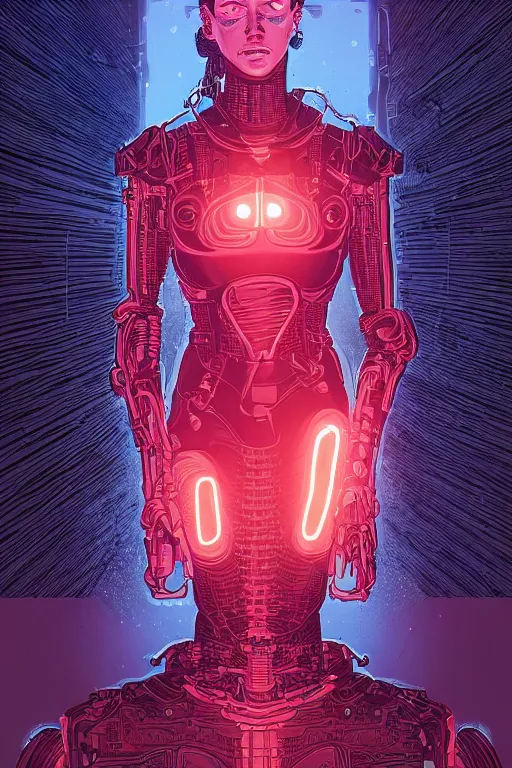 Image similar to portrait of a cyborg girl with a ribbed biomechanic armor and neon light, illustrated by Laurie Greasley and Michael Whelan , crepy ambiance, highly detailed, trending on artstation