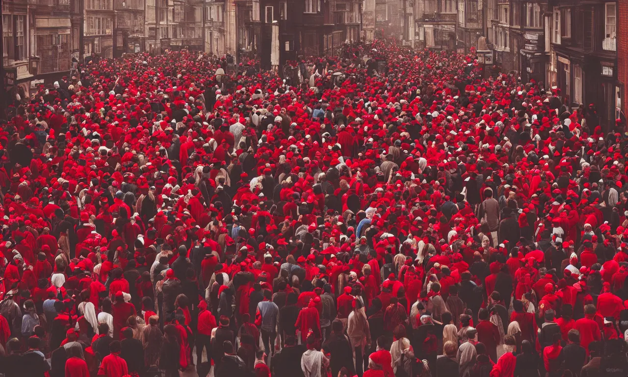 Prompt: she stands out in a crowd of hundred people, wearing red attire and a hat, urban photography, crowd on street, victorian london street, natural lighting, matte painting, artstation, dramatic, moody