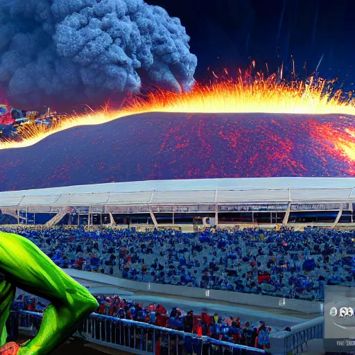 Prompt: baseball stadium invaded on the 4 th of july by alien, volcano eruption in the background, foreground has a surfer surfing radioactive waste, highly detailed, 8 k, disney, pixar, 3 d rendering, underwater, flooding