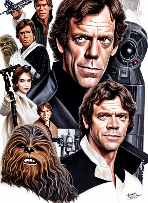 Image similar to portrait of hugh laurie as han solo in star wars, wearing han solos cloth, a black vest and white shirt, hyperrealistic, very detailed painting by glenn fabry, by joao ruas, by artgerm