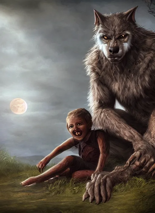 Image similar to a werewolf at night sitting next to a human child, fantasy art, matte painting, highly detailed
