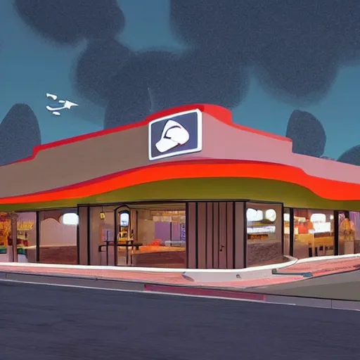 Image similar to taco bell fast food restaurant inspired by raphael lacoste, simon stalenhag, frank lloyd wright, zaha hadid, matte painting