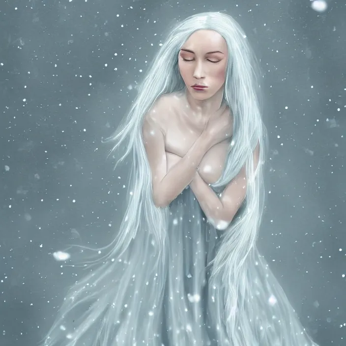 Image similar to full body portrait of a woman with pale blue hair wearing a long white dress made out of snowflake in the middle of a heavy snowstorm. pale, sickly looking, hypothermia. digital art by maromi sagi