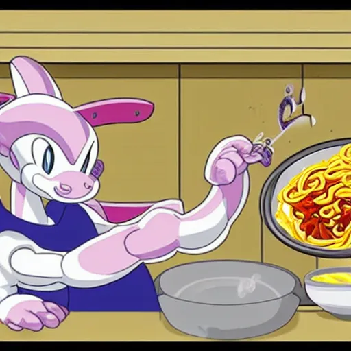 Image similar to Mewtwo cooking ramen, in the style of TC-96