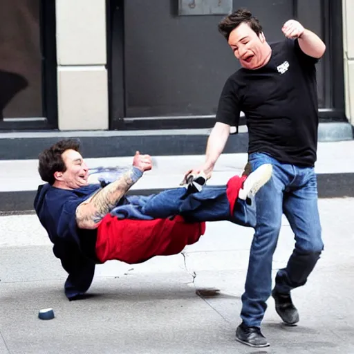 Image similar to paparazzi photo of Jimmy Fallon kicking a homeless person