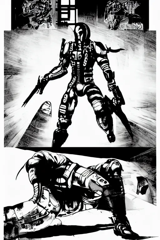 Image similar to cyborg ninja standing heroically, a page from cyberpunk 2 0 2 0, style of paolo parente, style of mike jackson, adam smasher, johnny silverhand, 1 9 9 0 s comic book style, white background, ink drawing, black and white