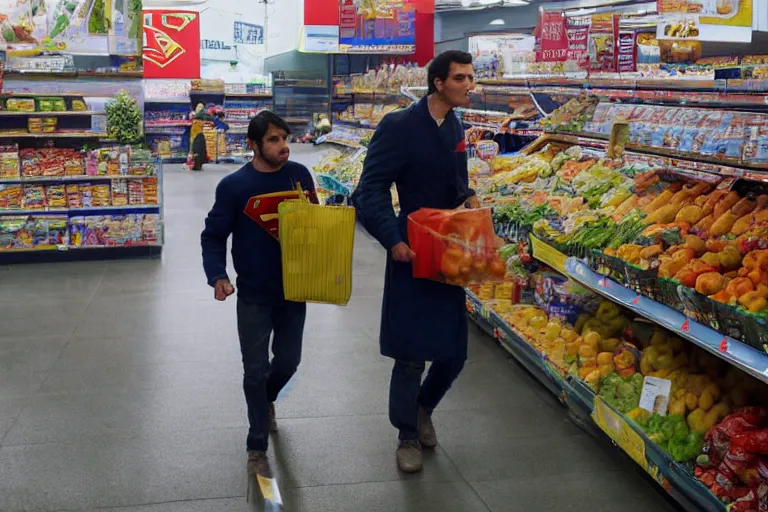 Image similar to Cinematography superman buying groceries in Moratalaz by Emmanuel Lubezky