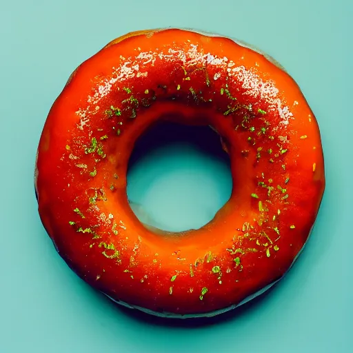 Image similar to Perfectly circular donut!!!!! in the style and shape of an orange!!!!!!, blended colors!!!!!, trending on artstation, 4k, 8k, professional photography, overhead shot, 35mm lens