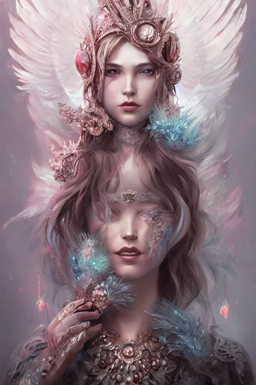 Image similar to beautiful princess with face covered with blood crystals wearing frost feathers, diamonds, angel, fantasy, dramatic lighting, highly detailed, digital painting, magic the gathering, hyper detailed, 3 d render, hyper realistic detailed portrait, peter mohrbacher, wlop, ruan jia