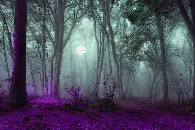 ancient magical dark forest, tall purple and pink