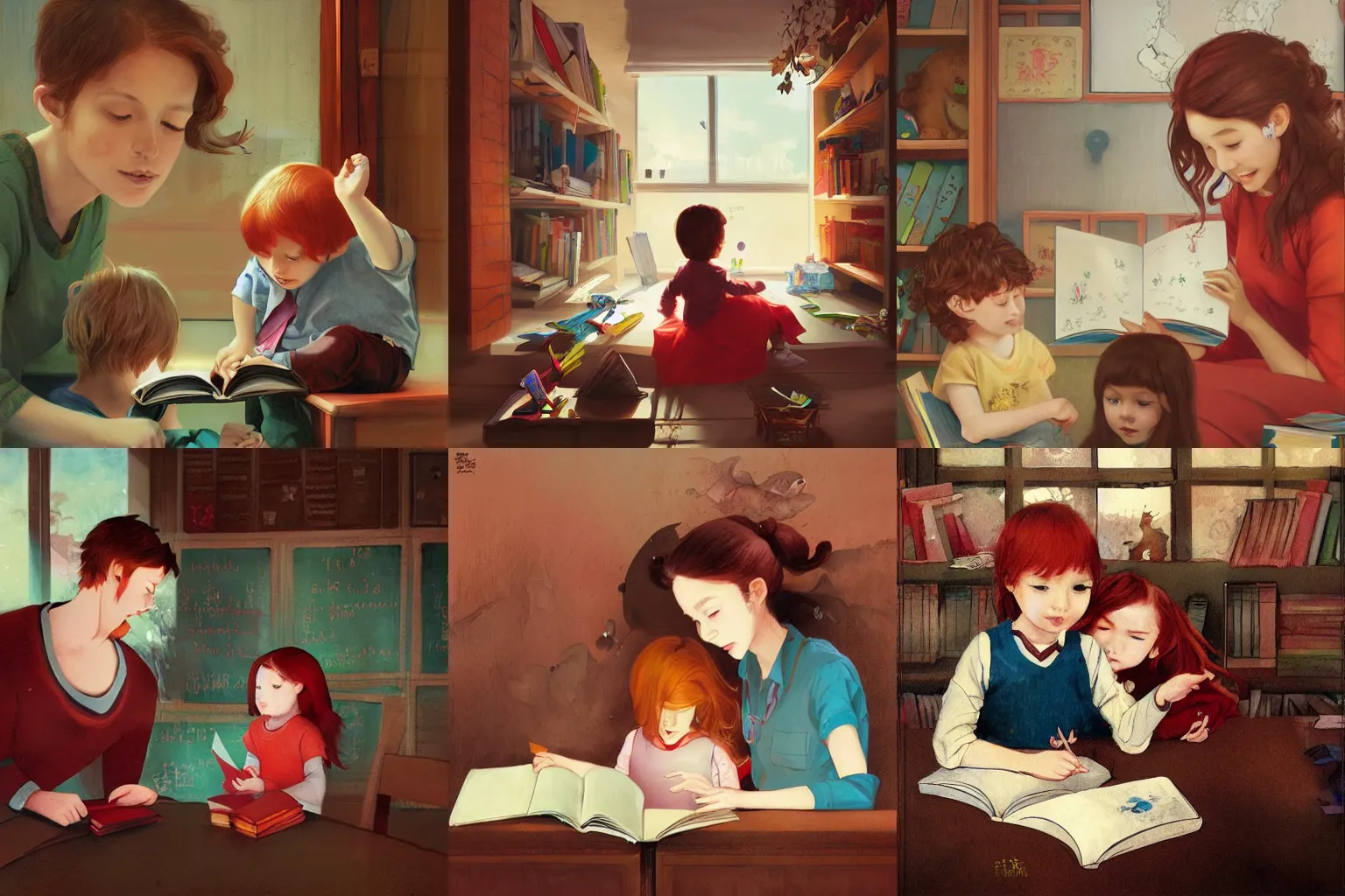 Prompt: a brown haired teacher and red headed child in a classroom during the day, children's book illustration by Loish, Wenjun Lin