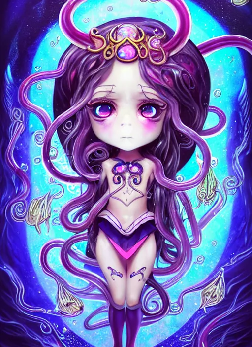 Image similar to A full shot of a chibi girl from the Abyss covered in opals. Symmetrical. Underwater. Dark foreboding Atmosphere. Sailor Moon. Tentacles. Kawaii. Rainbows. Demon Horns, Angel Wings, By Lisa Frank and HR Giger and Ross Tran and ArtGerm and WLOP. Key Art. Fantasy Illustration. award winning, Artstation, intricate details, realistic, Hyperdetailed, 8k resolution. Photoreal. Octane Render.