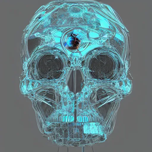 Prompt: sci/fi fractal skull covered in clear plexiglass by Tomer Hanuka, realistic, 4k render, high detail