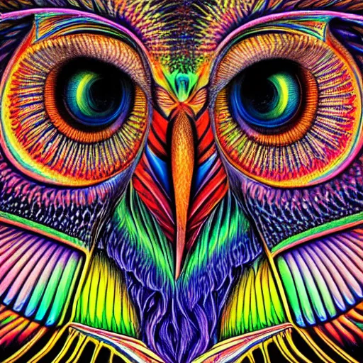 Prompt: colorful detailed portrait of a psychedelic owl by alex grey and johfra bosschart, trending in behance, 4K, deep depth of field