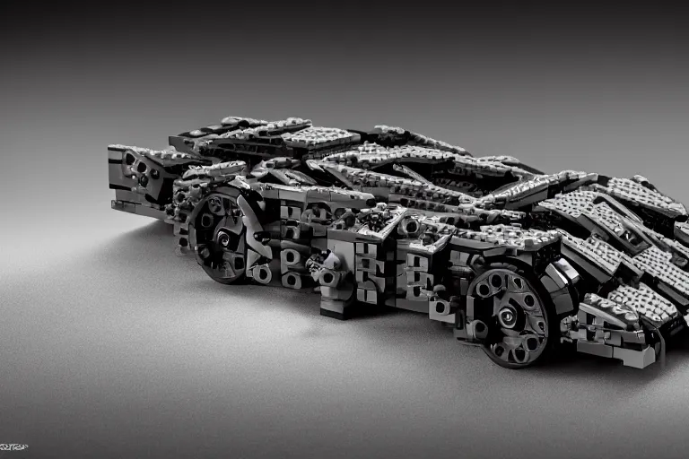 Image similar to the lego batmobile is standing ina cave. highly detailed. intricate. mist. octane render. rim light. photoreal. 8 k. monochrome. cinematic.