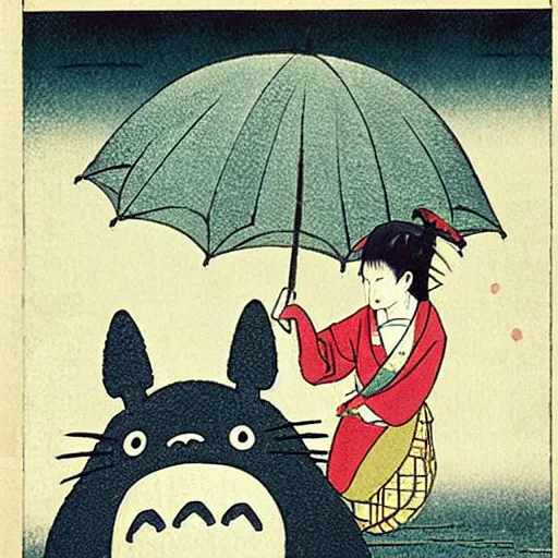 Image similar to Totoro is holding an umbrella in the rain, ukiyo-e