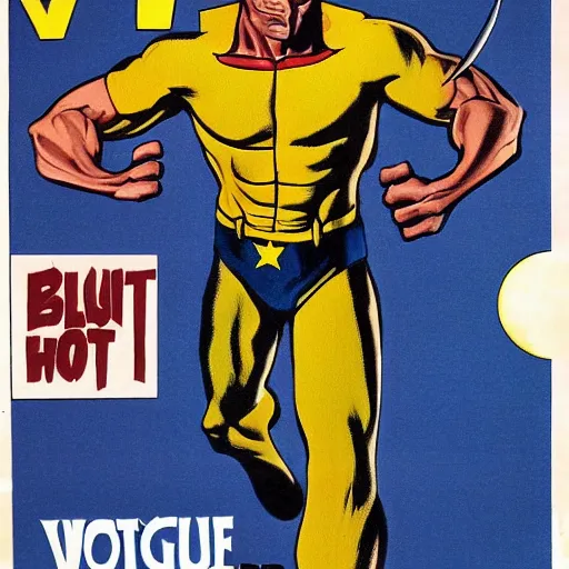 Image similar to 8 0 s, vhs, vintage movie, grain, clint eastwood as wolverine in blue and yellow costume,