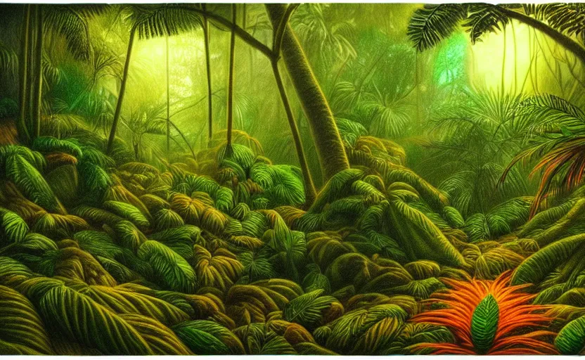 Prompt: a beautiful color pencil drawing of a prehistoric rainforest, lush flora, dark green, orange, intricate detail, sunset, hazy, volumetric lighting, 8 k, ultrarealistic, trending on artstation