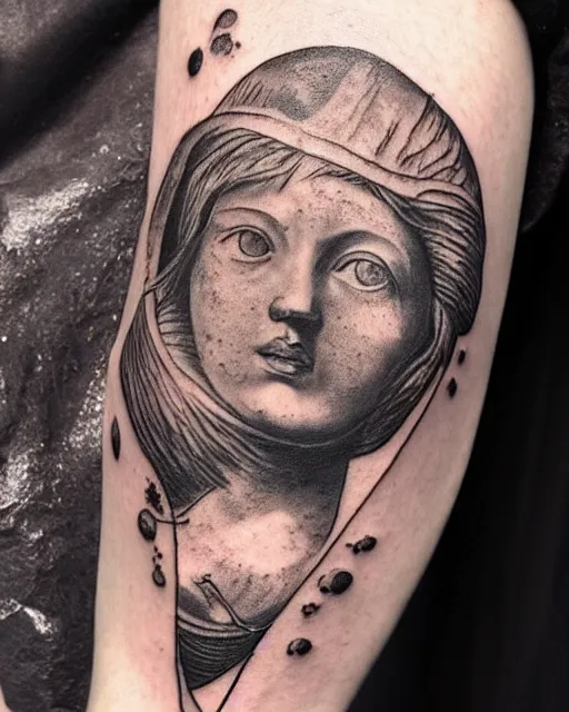 Image similar to planets on the top of a broken renaissance head statue, realism tattoo design, hyper - realistic, in the style of tony santos
