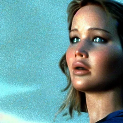 Image similar to movie still from independence day (1996), rendering of jennifer lawrence looking at an alien,