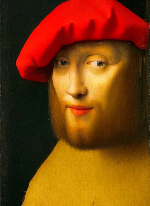 Image similar to red hat, medieval painting by jan van eyck, johannes vermeer