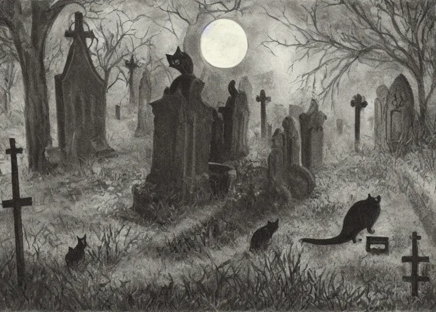 Image similar to a highly detailed portrait of a cat in a moonlit gothic cemetary with some bats and a ghost floating between the gravestones, boke, tilted frame, henry cartier bresson