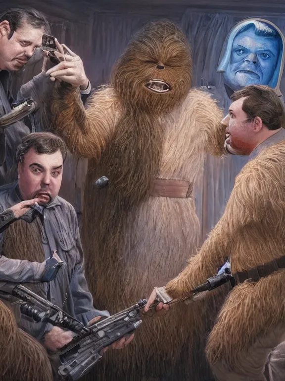 Image similar to rich evans and mike stoklasa save george lucas from a crackhead wookie in 1 9 3 0 s paris, hyperrealistic, 4 k, ultra detailed, intricate detail, octane render, photorealistic, art by wayne barlowe, art by keith parkinson.