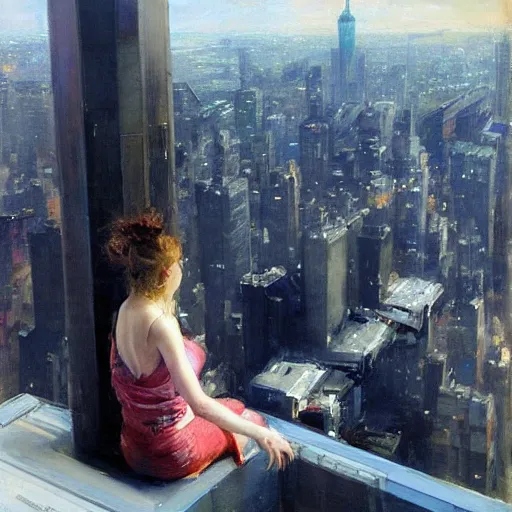 Prompt: “ girl sitting on a roof looking down at a futuristic new york city below, extremely detailed, by daniel gerhartz ”