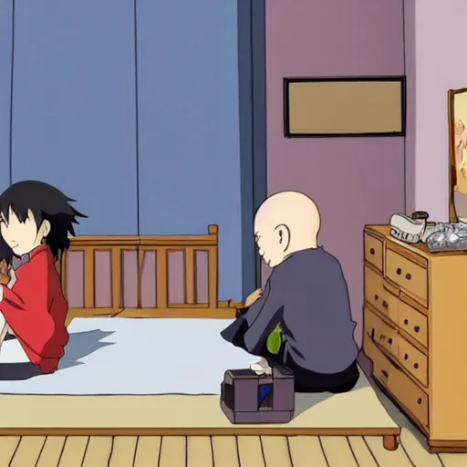 Image similar to bedroom in studio ghibli, Kakashi Hatake sitting on bed, Saitama standing next to bed, anime style