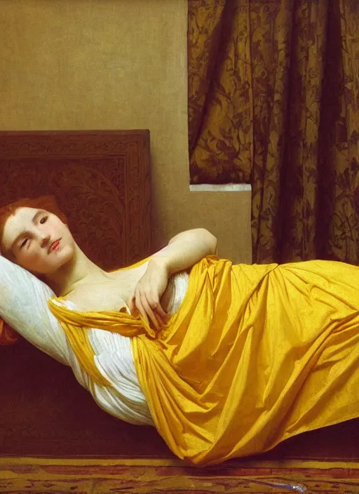 Image similar to masterpiece portrait of lady reclining on bed wearing yellow ochre ornate medieval dress, foreshortening, colour photography by frederic leighton, william morris, 8 k