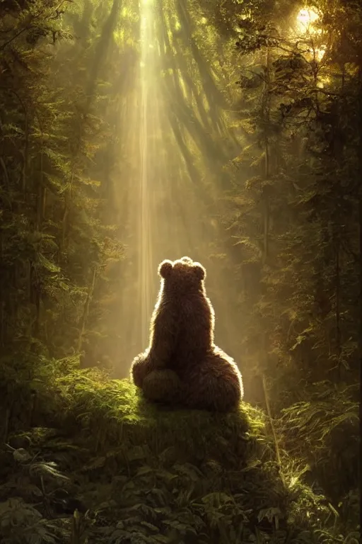 Image similar to mean fluffy teddybear protecting girl in a forest with rays of light coming through the canopy, masterpiece, dystopian, sci-fi, extremely detailed, digital painting, sculpted in zbrush, artstation, concept art, smooth, sharp focus, illustration, chiaroscuro lighting, golden ratio, incredible art, artgerm, greg rutkowski, alphonse mucha, simon stalenhag, carravaggio