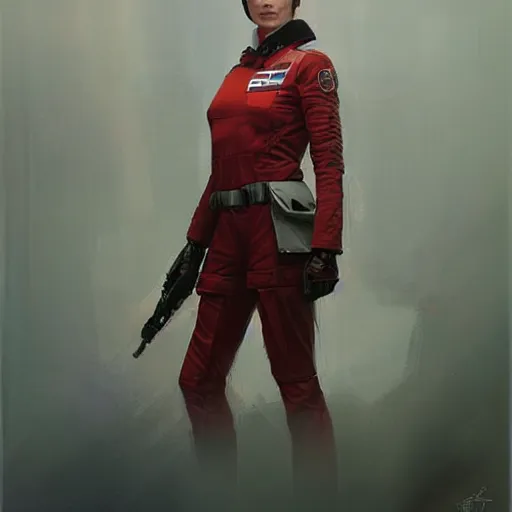 Image similar to portrait of a woman by greg rutkowski, a female starfighter pilot of the galactic triunvirate, wearing a red and white pilot uniform, star wars expanded universe, highly detailed portrait, digital painting, artstation, concept art, smooth, sharp foccus ilustration, artstation hq