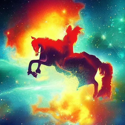 Image similar to a sandwich riding a horse in a explosion of a nebula, digital art