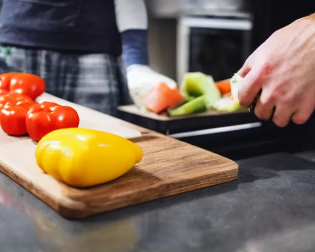 Prompt: 9 0 degrees fov, first person point of view of me chopping vegetables on a chopping board, gopro footage