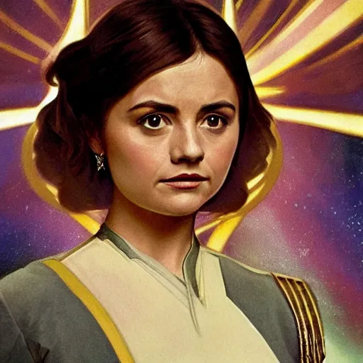 Prompt: jenna coleman as a star trek captain, a still from star trek painted by alphonse mucha.