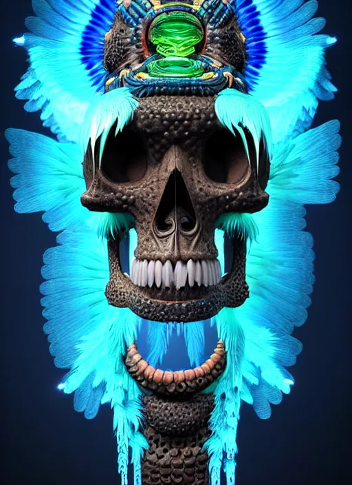 Image similar to 3 d shaman profile portrait, sigma 5 0 0 mm f / 5. beautiful intricate highly detailed quetzalcoatl skull and feathers. bioluminescent, plasma, lava, ice, water, wind, creature, thunderstorm! artwork by tooth wu and wlop and beeple and greg rutkowski, 8 k trending on artstation,