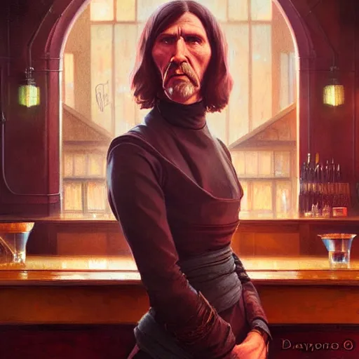 Image similar to photo by davy jones, rasputin face in the bar, highly detailed, digital painting, artstation, smooth, sharp focus, illustration, art by artgerm and greg rutkowski and alphonse mucha