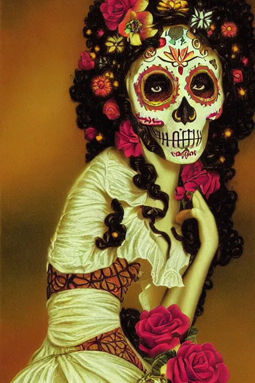 Prompt: illustration of a sugar skull day of the dead girl, art by martin johnson heade