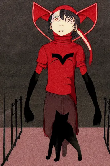 Prompt: little boy with cat ears in an black outfit with red cape. digital artwork made by lois van baarle and kentaro miura, sharpness focus, inspired by hirohiko araki, anatomically correct, heroic composition, hero pose, smooth, night city, illuminati