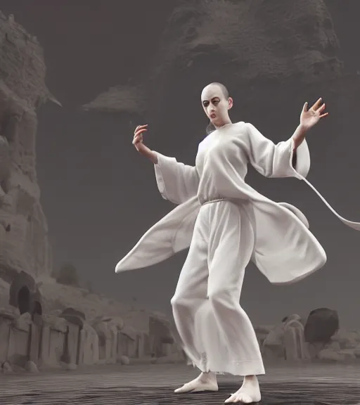 Prompt: a female monk dressed in white tapered clothes controlling the spirits around her, octane render, character art, fighting pose, action pose, digital art, trending on artstation, 8k, epic composition, highly detailed, sharp focus