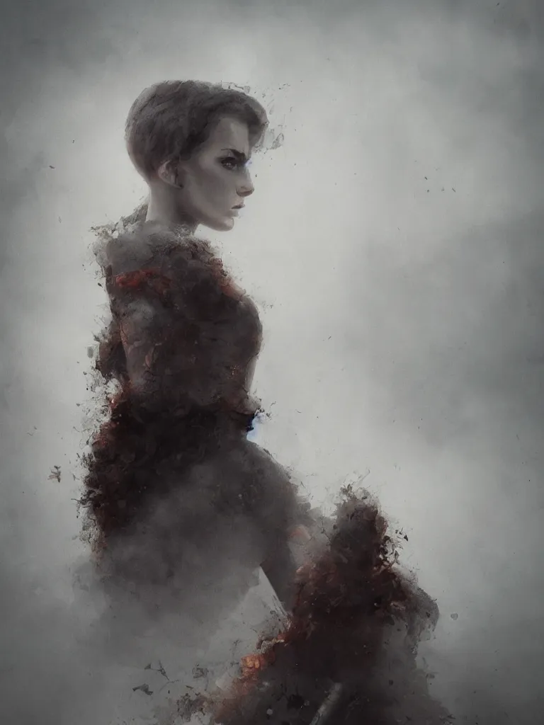 Prompt: a portrait of a beautiful stunning young woman made of mist. made of smoke and ember, high contrast, hdr, by enki bilal, tim burton, greg rutkowski, daarken